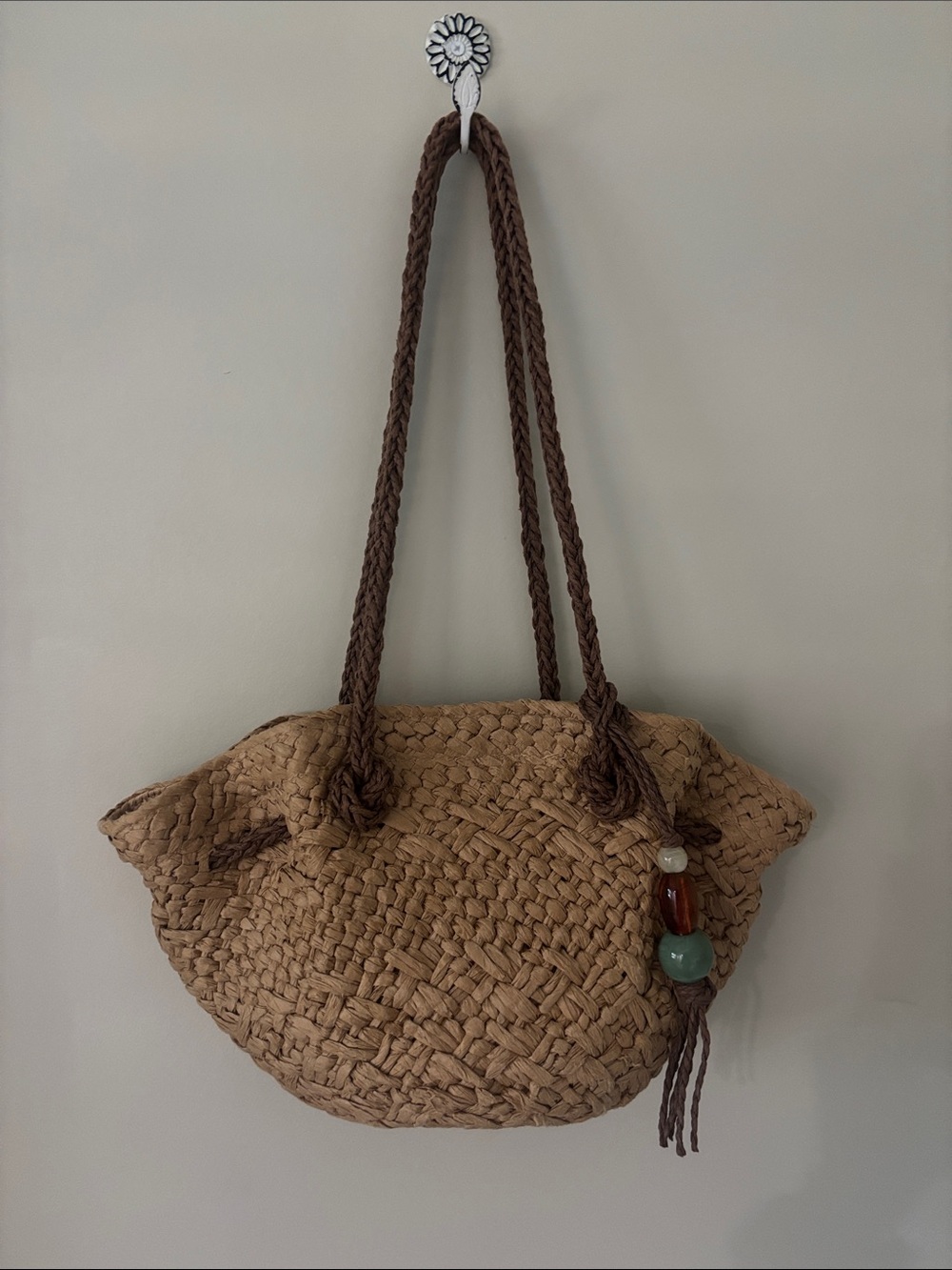 a new day Braided Straw Tote with Bead Tassel - Brown